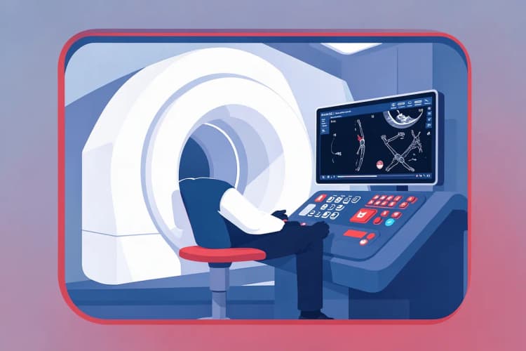 Técnico operando máquina de ressonância magnética cardíaca avançada.