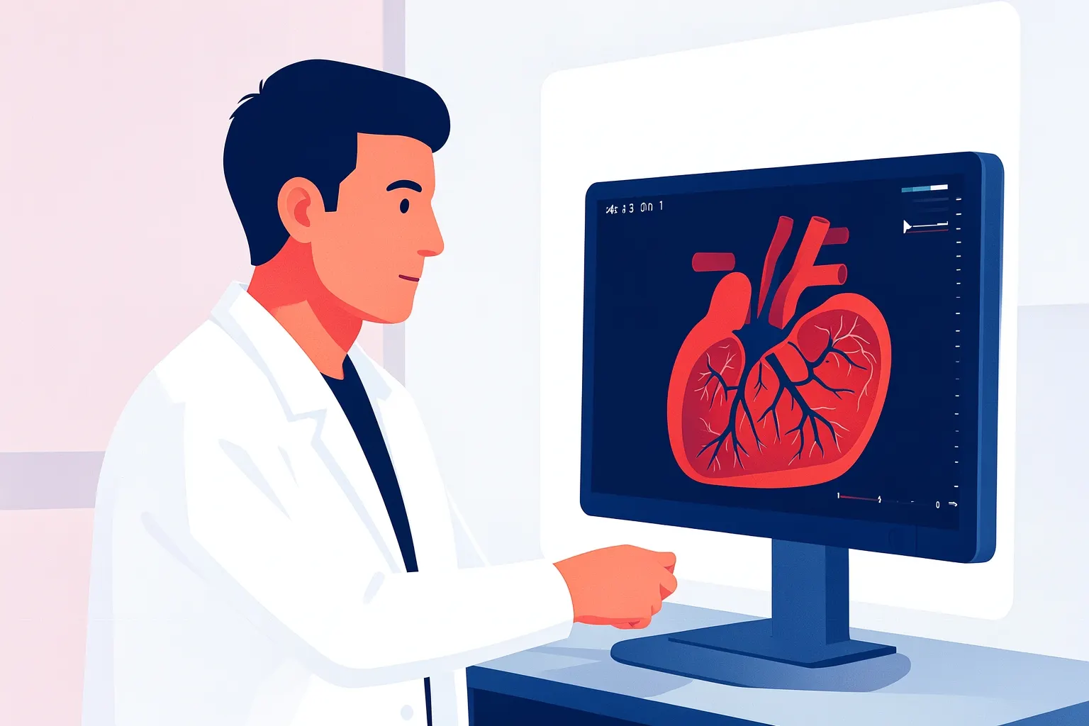 Médico cardiologista analisando exame de imagem cardiovascular em tela, com foco no coração.