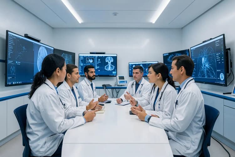 Um grupo de médicos e enfermeiros discutindo um caso em uma sala de reunião com telas exibindo dados médicos complexos, em tons de azul e branco.