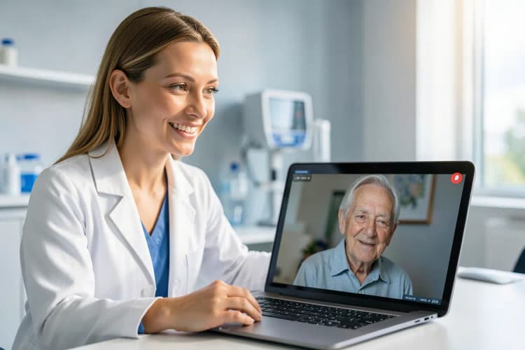 Uma médica sorrindo enquanto conversa com um paciente idoso através de uma videochamada em um laptop, em um consultório médico claro e organizado.
