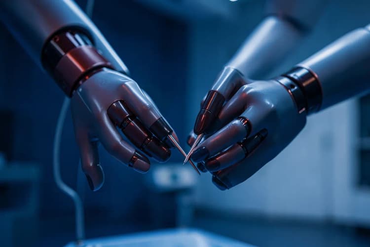 Um close-up de um robô cirúrgico com braços delicados manipulando instrumentos em um campo operatório, com iluminação azul tecnológica sutil.