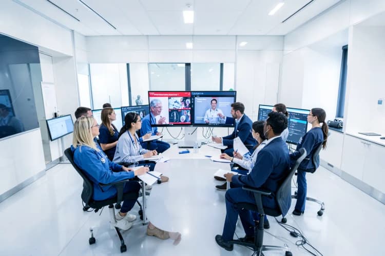 Um grupo de profissionais de saúde participando de um treinamento online em uma sala moderna, com telas exibindo simulações médicas e instrutores.