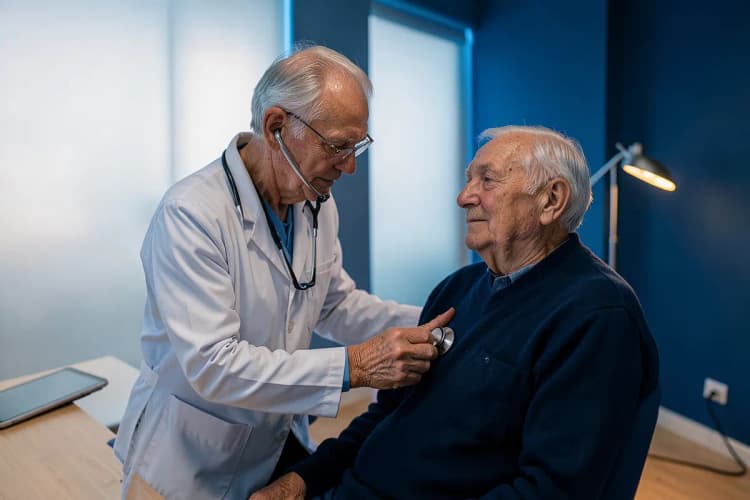 Um cardiologista experiente examinando um paciente idoso com um estetoscópio, em um consultório médico com iluminação suave e tons de azul.