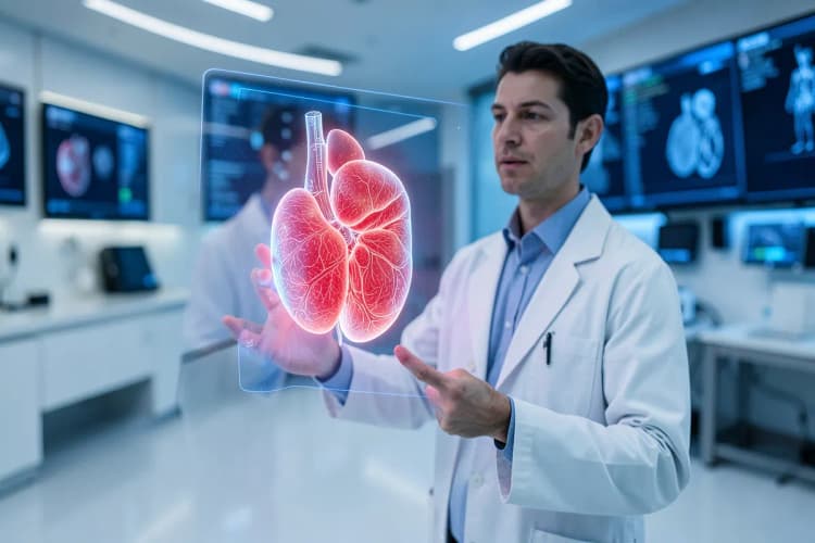 Um médico interagindo com uma interface holográfica 3D de um órgão humano em um laboratório de alta tecnologia, com luzes azuis e brancas.