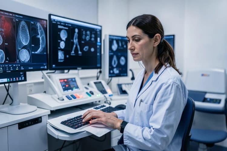 Um médico radiologista experiente em seu consultório, cercado por equipamentos modernos e telas exibindo imagens médicas.