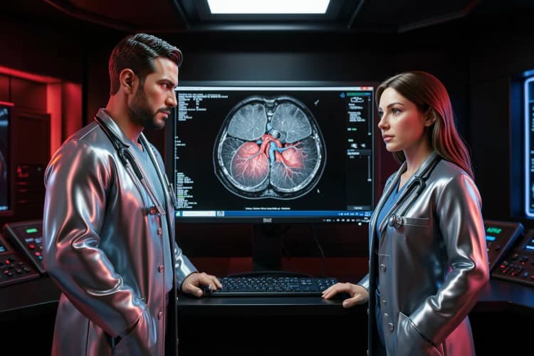 Um cardiologista e um técnico de radiologia observando atentamente um exame de tomografia computadorizada cardíaca em uma tela grande.
