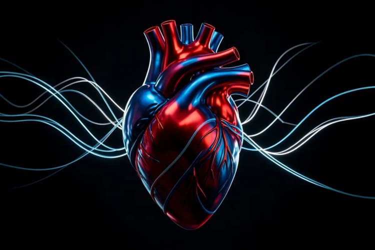 Um coração estilizado em 3D sobreposto a um fundo de dados digitais, representando a precisão da radiologia especializada na cardiologia.