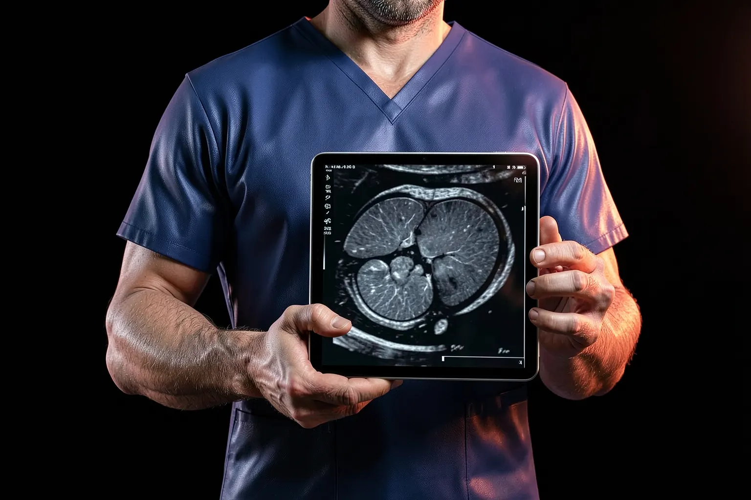 Um médico cardiologista examinando um exame de imagem de coração em um tablet, com foco na tecnologia de radiologia especializada.